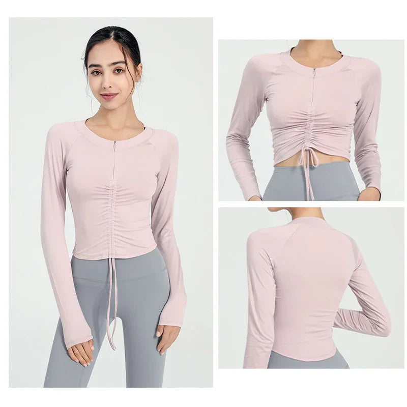 Long Sleeve Shirt Semi Zip Front Drawstring Yoga Tops Woman Sports Activewear Running Top for Fitness Female Blouse Gym Women