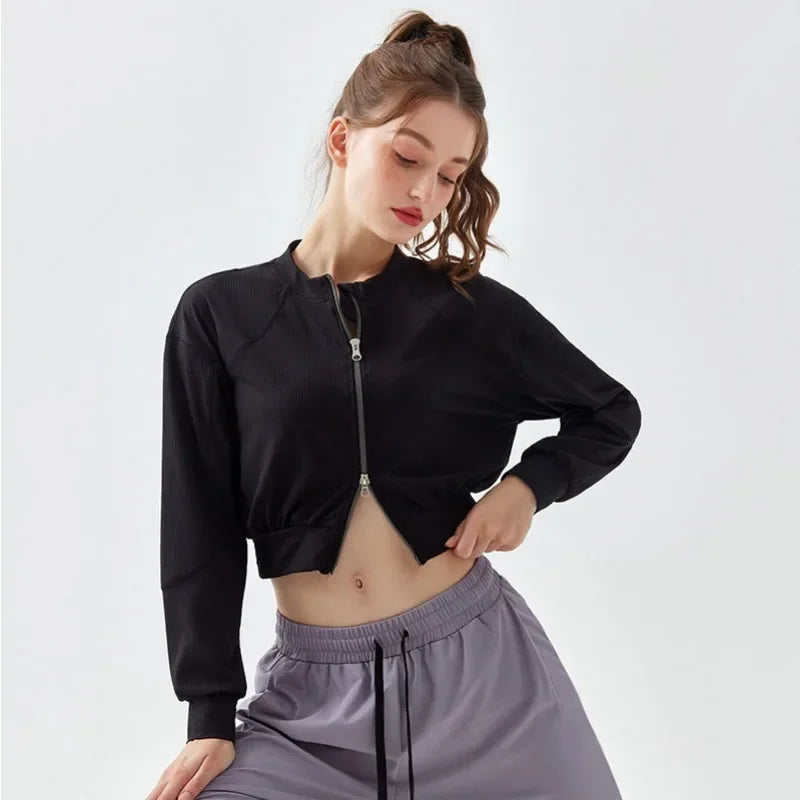 Slim Fit Running Jacket for Women with Two Way Zipper and Waist-Revealing Design Ribbed Long Sleeve Fitness Top