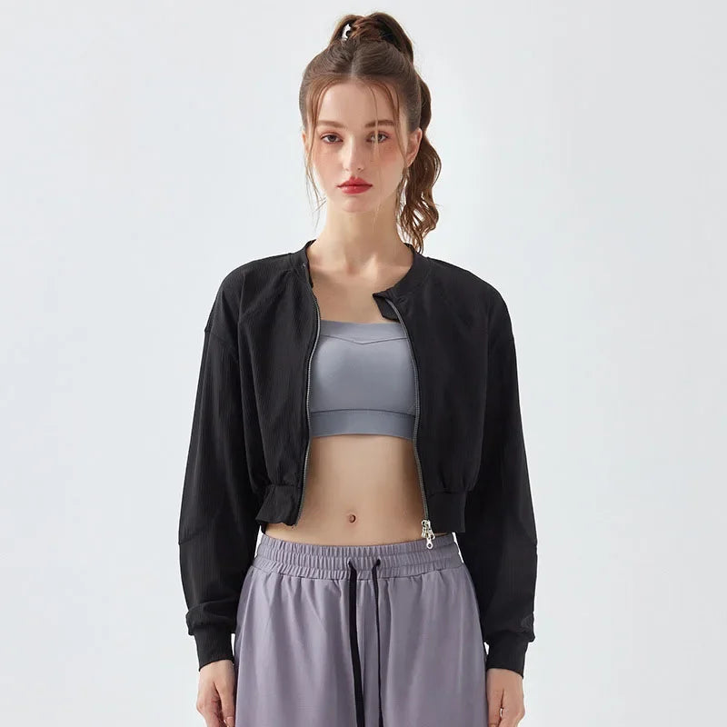 Slim Fit Running Jacket for Women with Two Way Zipper and Waist-Revealing Design Ribbed Long Sleeve Fitness Top