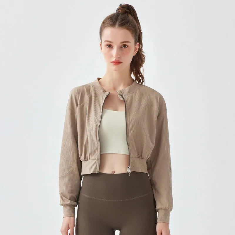 Slim Fit Running Jacket for Women with Two Way Zipper and Waist-Revealing Design Ribbed Long Sleeve Fitness Top