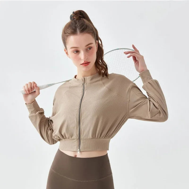 Slim Fit Running Jacket for Women with Two Way Zipper and Waist-Revealing Design Ribbed Long Sleeve Fitness Top