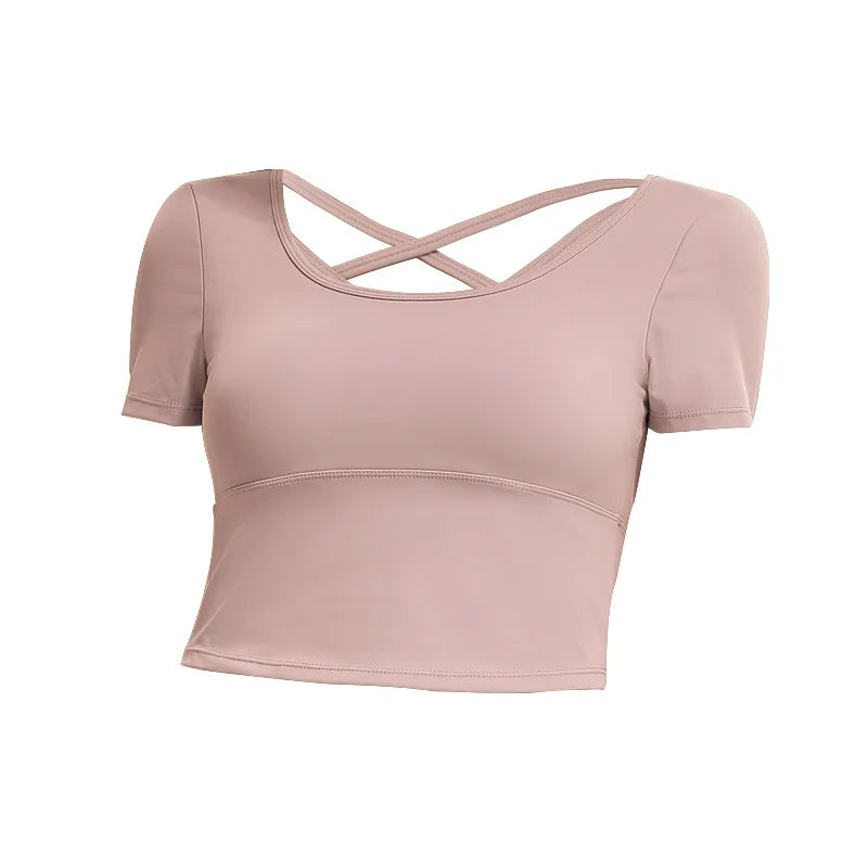 Sports Short-sleeved T-shirt Women's Running Tee Bra with Chest Pads Cross Beautiful Back Yoga Vest Tight Fitness Tops for Women