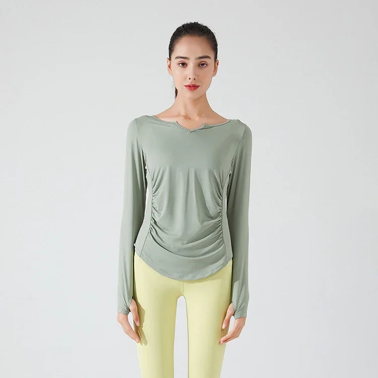 Stown Sportswear Bodybuilding Long Sleeve T Shirt Gym Fitness Women Clothing with Thumb Hole Pleated Slimming Pilates Yoga Top