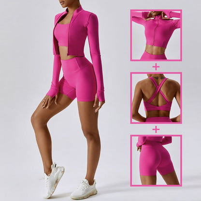 T129: 3 Piece Yoga Shorts Set for Women, High-Waisted Pants Sports Bra Jacket Fitness Suit, Shockproof Tight-Fitting Yoga Clothing