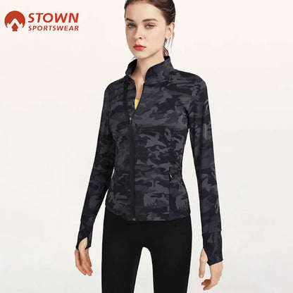 Camo Sports Jacket with Thumb Hole Gym Fitness Sportswear Running Top Long Sleeved Outerwear Yoga Camouflage Bomber Jacket Women