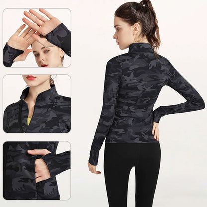 Camo Sports Jacket with Thumb Hole Gym Fitness Sportswear Running Top Long Sleeved Outerwear Yoga Camouflage Bomber Jacket Women