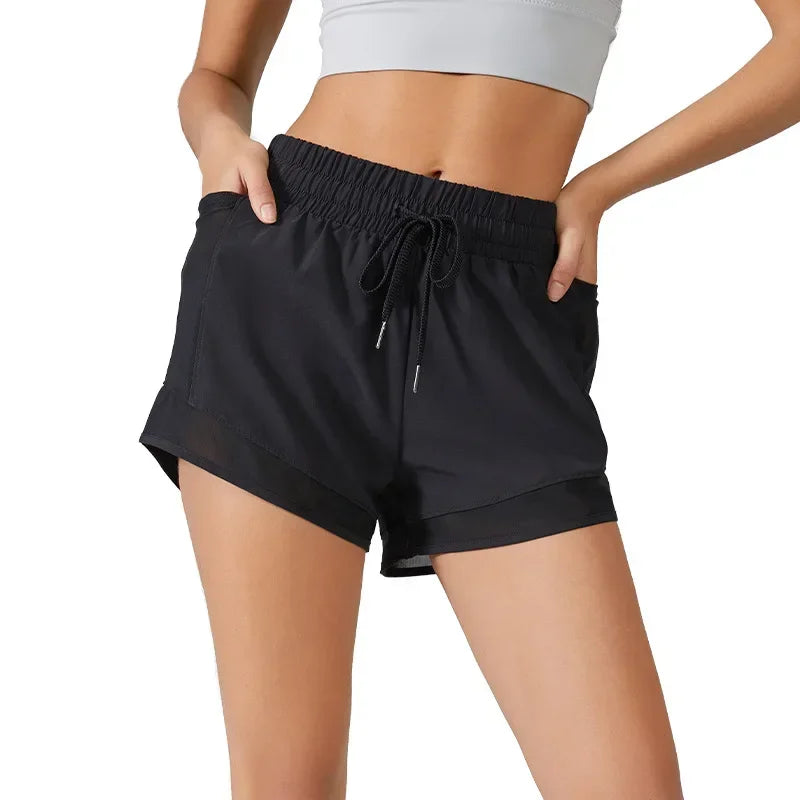 High Waisted Yoga Shorts for Women with Tummy Control Drawstring Sporty Fitness Running Shorts Two-piece Design Pants