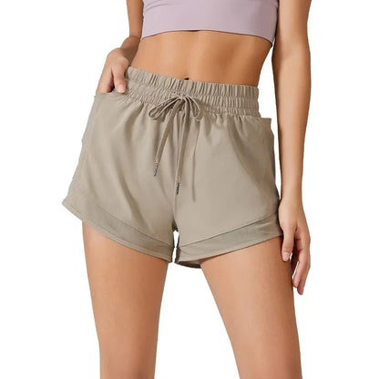 High Waisted Yoga Shorts for Women with Tummy Control Drawstring Sporty Fitness Running Shorts Two-piece Design Pants