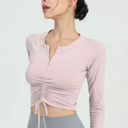 Long Sleeve Shirt Semi Zip Front Drawstring Yoga Tops Woman Sports Activewear Running Top for Fitness Female Blouse Gym Women