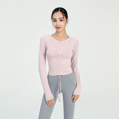 Long Sleeve Shirt Semi Zip Front Drawstring Yoga Tops Woman Sports Activewear Running Top for Fitness Female Blouse Gym Women