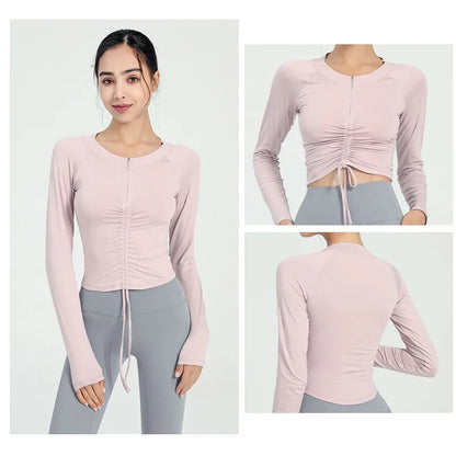 Long Sleeve Shirt Semi Zip Front Drawstring Yoga Tops Woman Sports Activewear Running Top for Fitness Female Blouse Gym Women