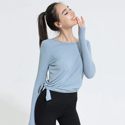 New Autumn and Winter Ribbed Sports Top Women's Long-sleeved Slim Slimming Breathable Round Neck Yoga Running Fitness Clothes