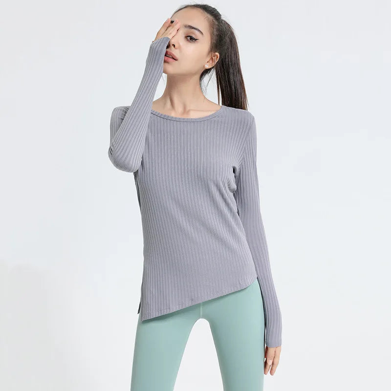 New Autumn and Winter Ribbed Sports Top Women's Long-sleeved Slim Slimming Breathable Round Neck Yoga Running Fitness Clothes