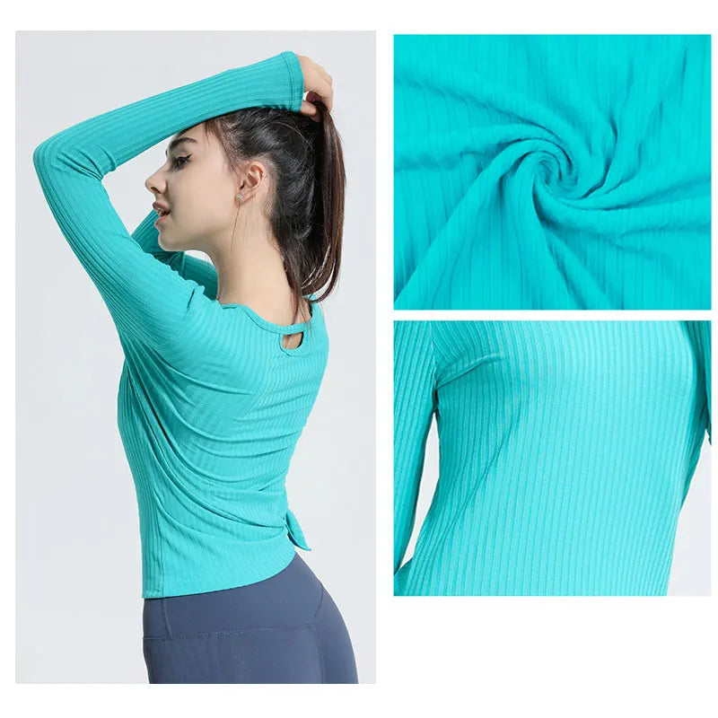 New Autumn and Winter Ribbed Sports Top Women's Long-sleeved Slim Slimming Breathable Round Neck Yoga Running Fitness Clothes