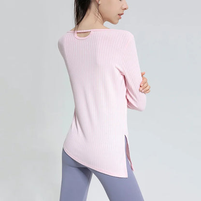 New Autumn and Winter Ribbed Sports Top Women's Long-sleeved Slim Slimming Breathable Round Neck Yoga Running Fitness Clothes