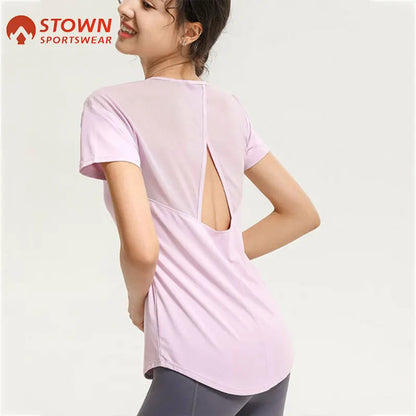 New Mesh Breathable Fitness Yoga Shirt Hollow Beauty Back Sports Top Loose and Quick-drying Short-sleeved T-shirt Women's Blouse