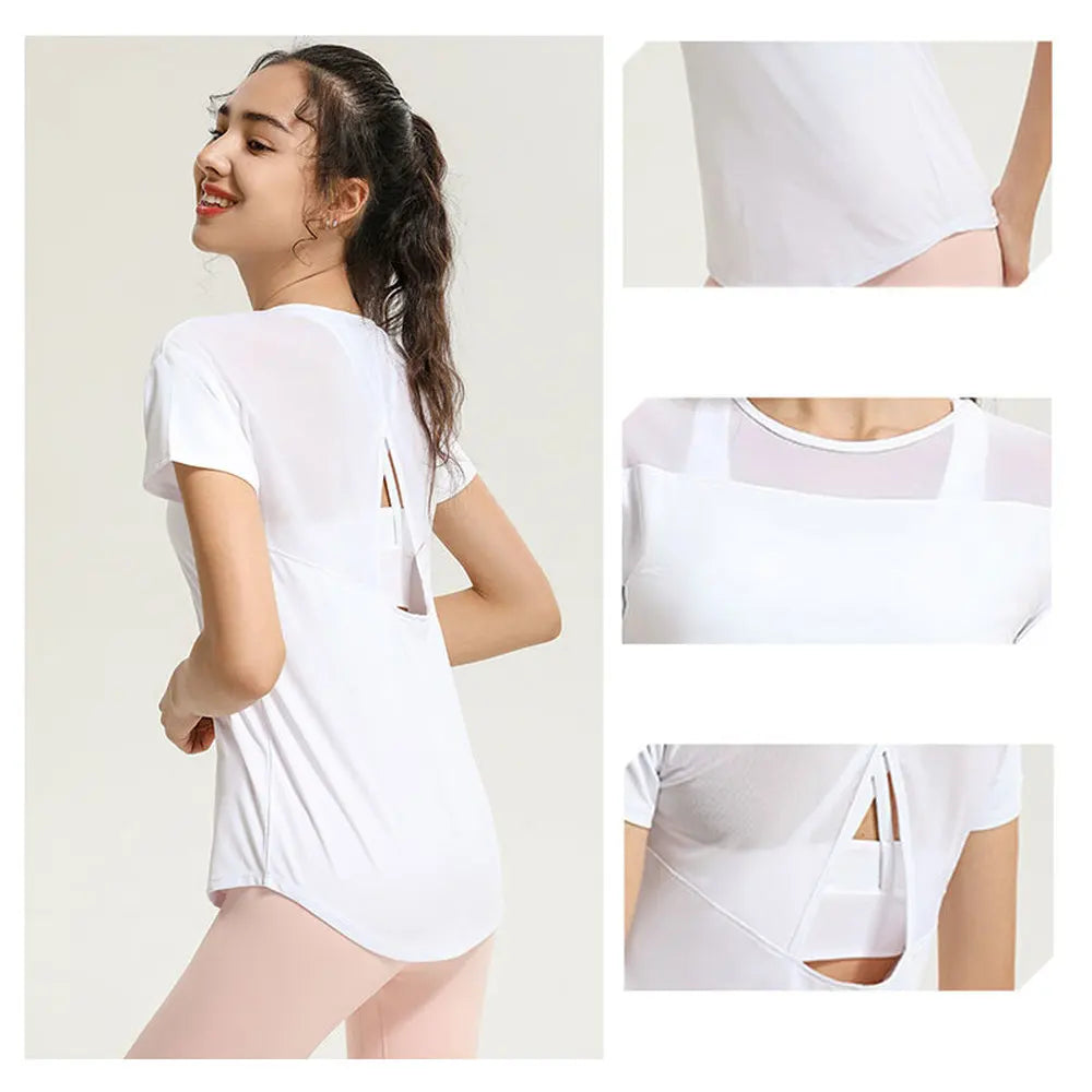 New Mesh Breathable Fitness Yoga Shirt Hollow Beauty Back Sports Top Loose and Quick-drying Short-sleeved T-shirt Women's Blouse