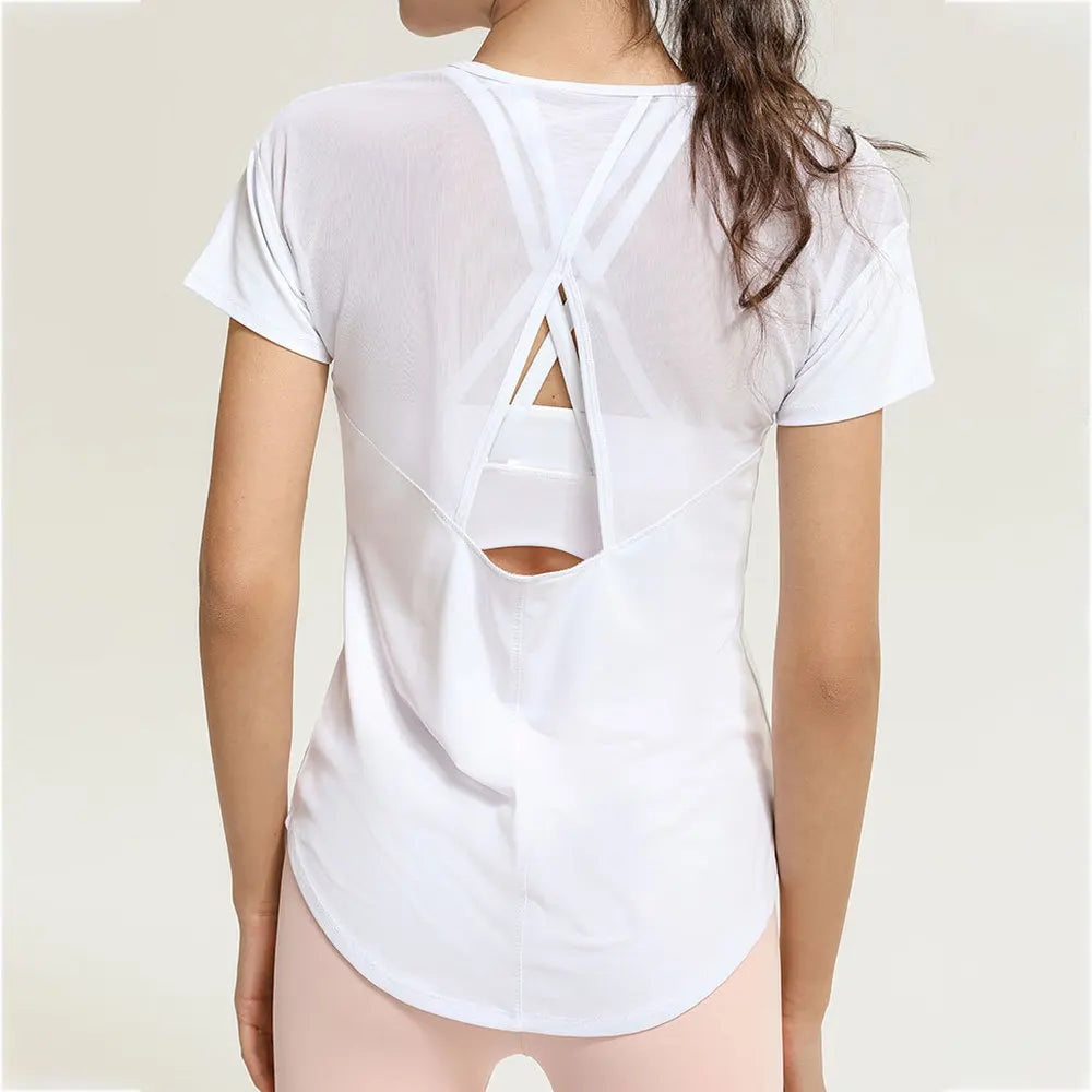 New Mesh Breathable Fitness Yoga Shirt Hollow Beauty Back Sports Top Loose and Quick-drying Short-sleeved T-shirt Women's Blouse