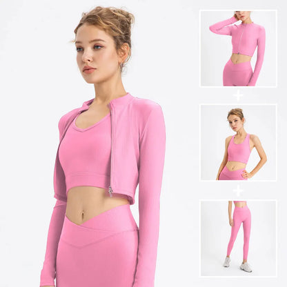 Ribbed Women Sportwear 3 Piece Set Yoga Top Jacket Pants Scrunch Leggings Sports Bra Gym Workout Clothes Fitness Suits