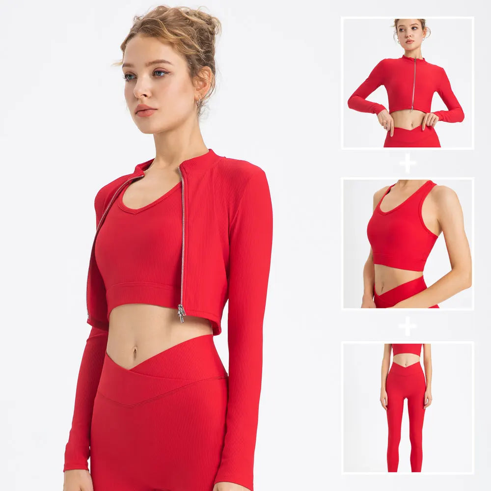 Ribbed Women Sportwear 3 Piece Set Yoga Top Jacket Pants Scrunch Leggings Sports Bra Gym Workout Clothes Fitness Suits