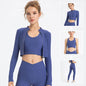 Ribbed Women Sportwear 3 Piece Set Yoga Top Jacket Pants Scrunch Leggings Sports Bra Gym Workout Clothes Fitness Suits