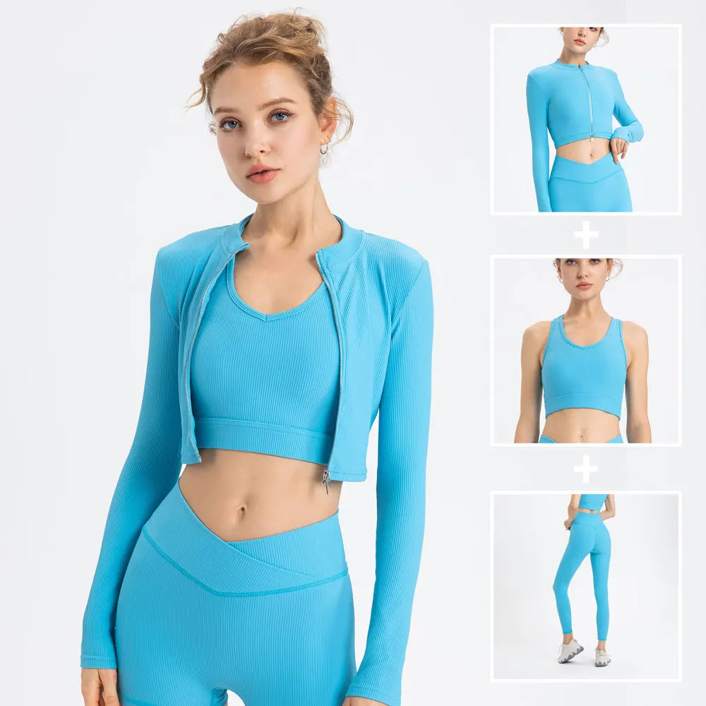 Ribbed Women Sportwear 3 Piece Set Yoga Top Jacket Pants Scrunch Leggings Sports Bra Gym Workout Clothes Fitness Suits