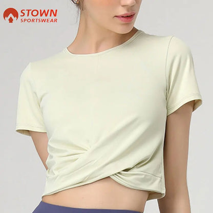 Running T-Shirt Hem Cross Stacking Yoga Shirt for Women Gym Crop Top Sports Tee Short Sleeved High Elastic Yoga Women Activewear