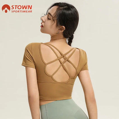 Sports Short-sleeved T-shirt Women's Running Tee Bra with Chest Pads Cross Beautiful Back Yoga Vest Tight Fitness Tops for Women