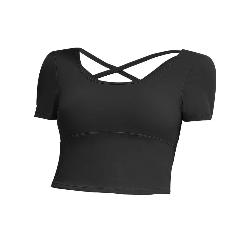 Sports Short-sleeved T-shirt Women's Running Tee Bra with Chest Pads Cross Beautiful Back Yoga Vest Tight Fitness Tops for Women