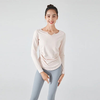 Stown Sportswear Bodybuilding Long Sleeve T Shirt Gym Fitness Women Clothing with Thumb Hole Pleated Slimming Pilates Yoga Top