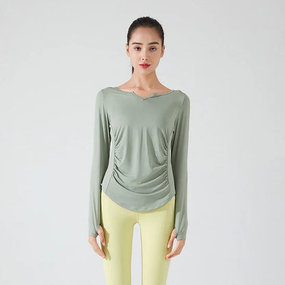 Stown Sportswear Bodybuilding Long Sleeve T Shirt Gym Fitness Women Clothing with Thumb Hole Pleated Slimming Pilates Yoga Top