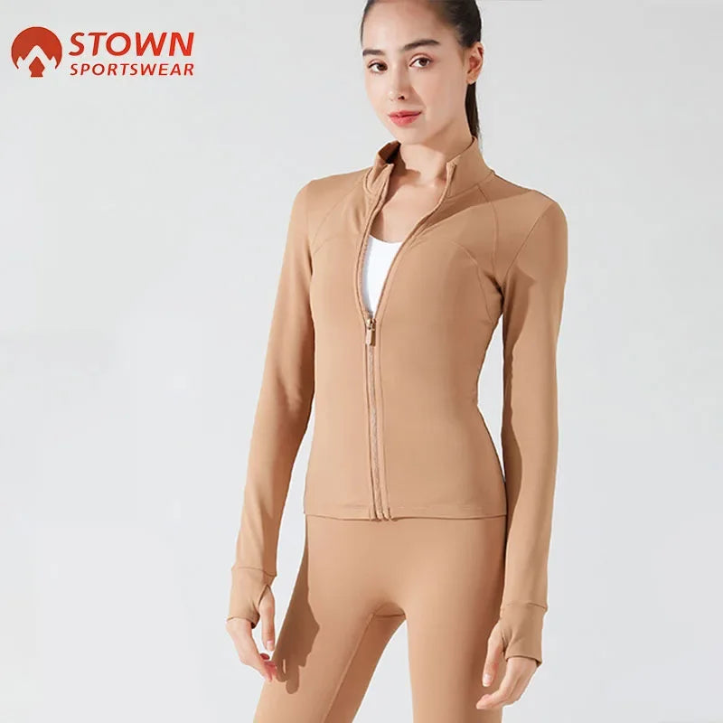 Stown Sportswear Fleece Jacket for Women 2022 Gym Workout Clothing Yoga Top with Thumb Hole Warm Winter Sports and Leisure Coats