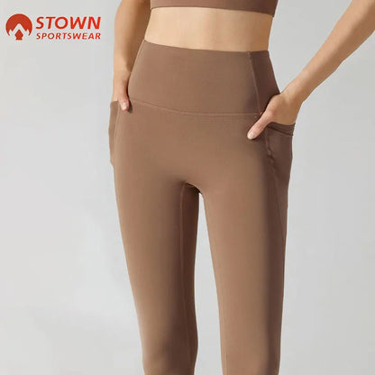 Stown Sportswear Fleece Yoga Tights with Side Pockets High Elastic 2022 Winter Gym Leggings Sport Women Fitness Push Up