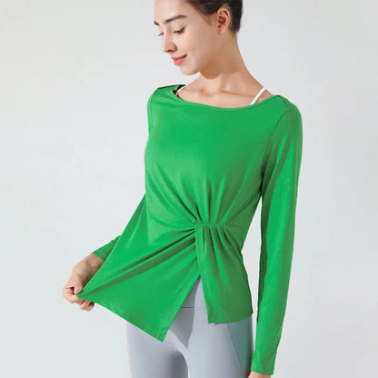 Stown Sportswear Long Sleeve Crop Top Gym Shirring Running Women Workout Tops Asymmetrical Sport Top Fitness Women