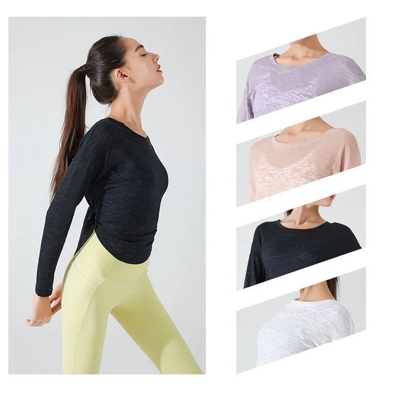 Stown Sportswear Woman Gym 2022 New See-through Yoga Top Female Long-sleeved Fitness Pilates Blouse Loose Sports Shirts Women