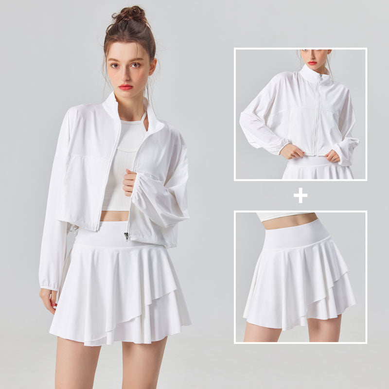 Sun Protection Women's Tennis Golf Sports Set Outdoor Workout Long Sleeve Jacket and Pleated Skirt 2 Piece Set