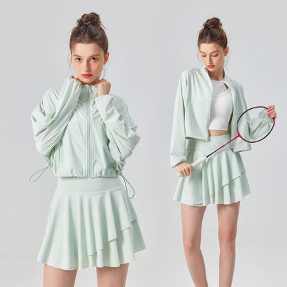 Sun Protection Women's Tennis Golf Sports Set Outdoor Workout Long Sleeve Jacket and Pleated Skirt 2 Piece Set