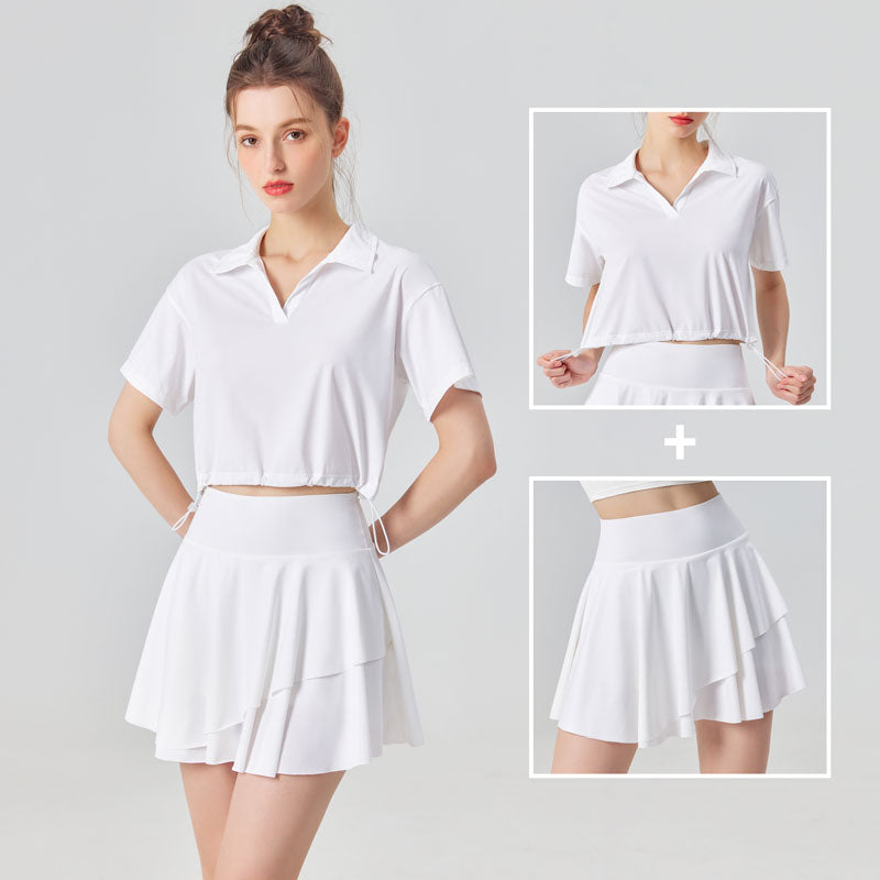 UPF 50+ Outdoor and Tennis Short Sleeve Shirt and Skirt 2 Piece Set Cool Feel New Fashion Polo Collar Golf Yoga Sets for Women