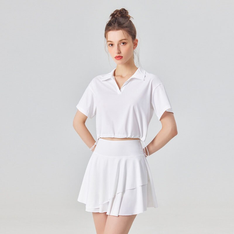 UPF 50+ Outdoor and Tennis Short Sleeve Shirt and Skirt 2 Piece Set Cool Feel New Fashion Polo Collar Golf Yoga Sets for Women