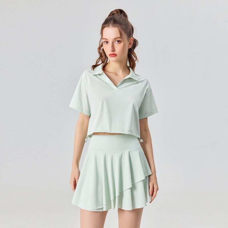 UPF 50+ Outdoor and Tennis Short Sleeve Shirt and Skirt 2 Piece Set Cool Feel New Fashion Polo Collar Golf Yoga Sets for Women