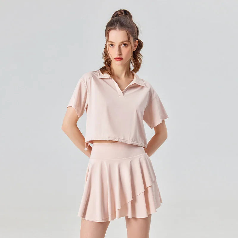 UPF 50+ Outdoor and Tennis Short Sleeve Shirt and Skirt 2 Piece Set Cool Feel New Fashion Polo Collar Golf Yoga Sets for Women