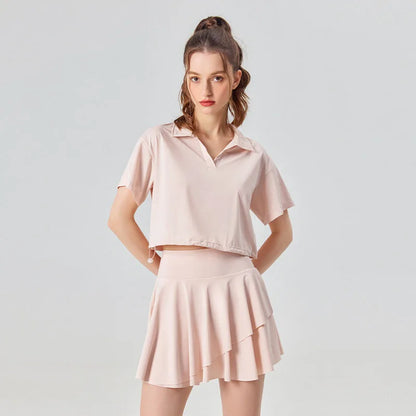UPF 50+ Outdoor and Tennis Short Sleeve Shirt and Skirt 2 Piece Set Cool Feel New Fashion Polo Collar Golf Yoga Sets for Women