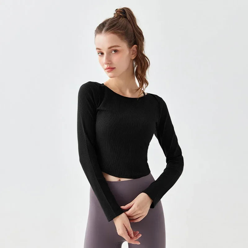 Women's Yoga Shirt with Ribbed Sleeves for Slimming and Toning, Fall Season High-Elasticity Fitness Top for Running and Pilates