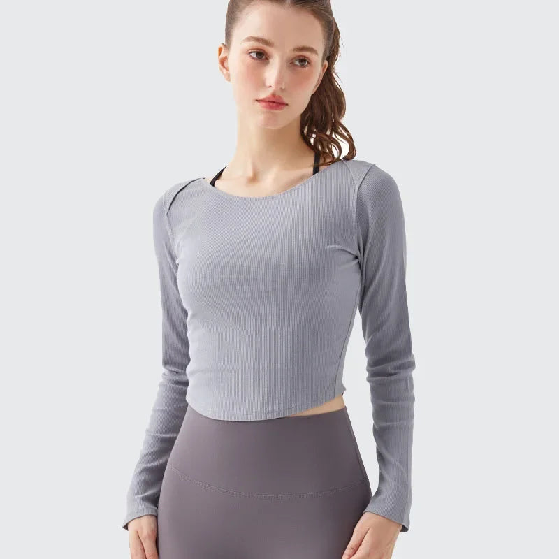 Women's Yoga Shirt with Ribbed Sleeves for Slimming and Toning, Fall Season High-Elasticity Fitness Top for Running and Pilates