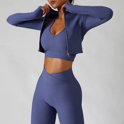 Series 160 3 Piece Set, Jacket + Bra + Leggings, Ribbed Fabric, Two-Way Zipper, Cross Waist